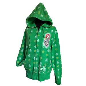 Ed Hardy VTG Y2K All Over Print Skull Hearts Eagle Zip Up Hoodie sweater Green M